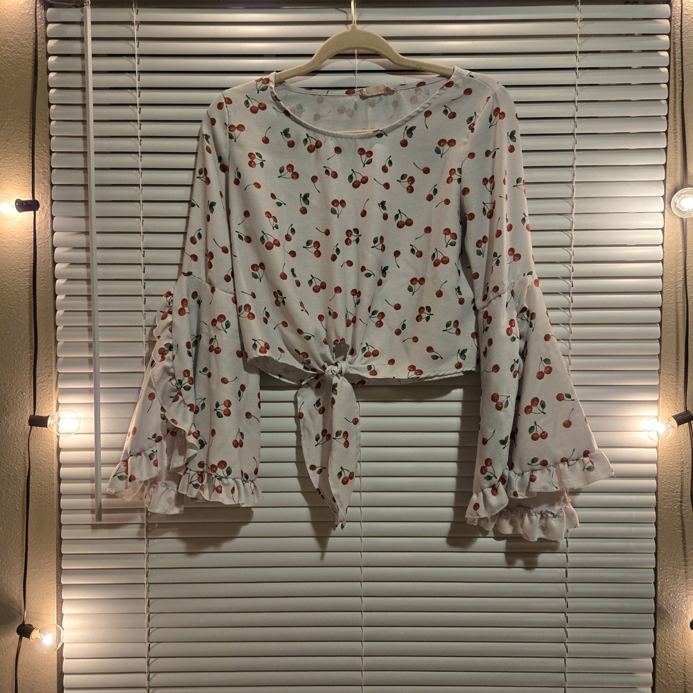 Cherry Print Bell Sleeve Tie-Front Top